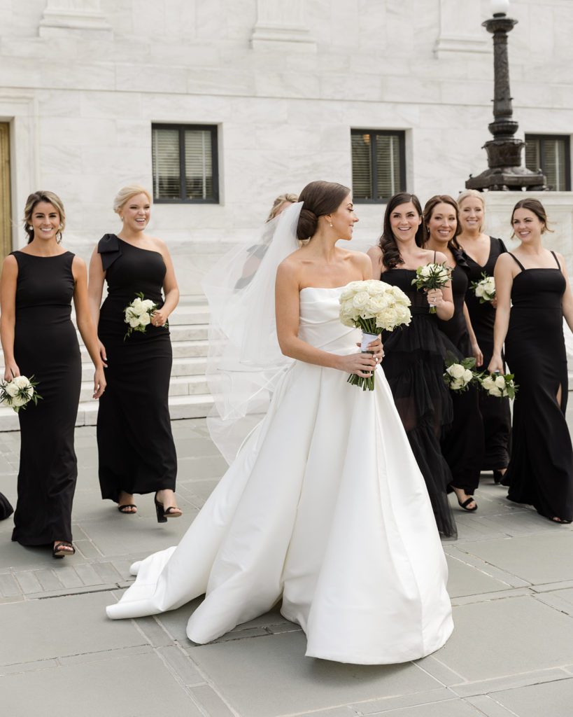 Bridal party; black bridesmaid dresses
